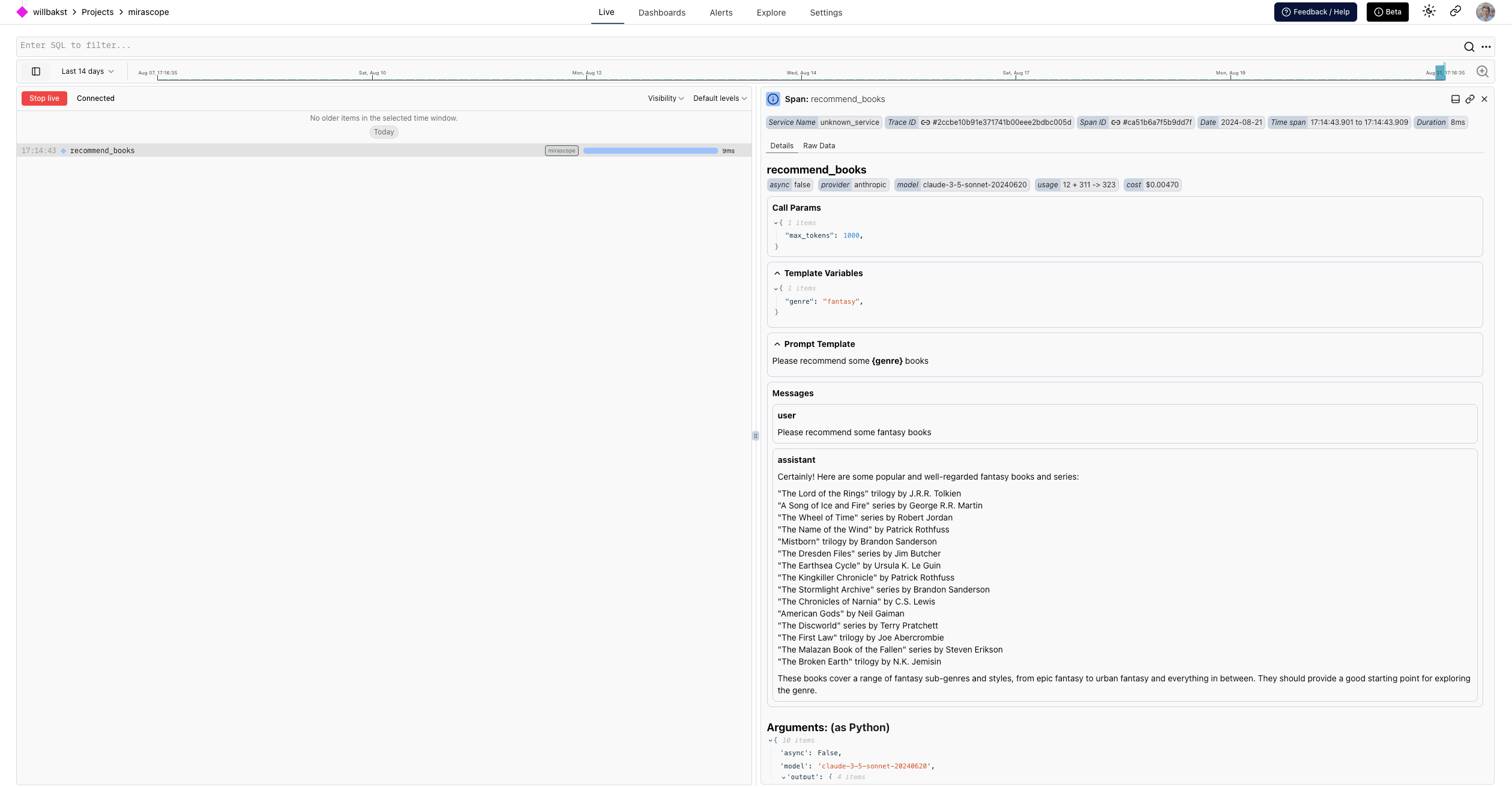 Logfire Mirascope Anthropic call
